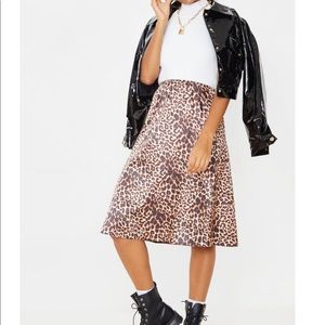 Satin Leopard Print Midi Skirt